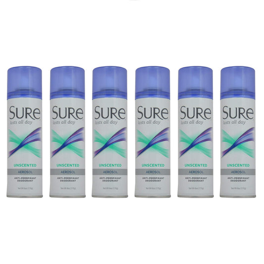 Aerosol Unscented Anti-Perspirant and Deodorant by Sure for Unisex - 6 oz Deodorant Spray - Pack of 6