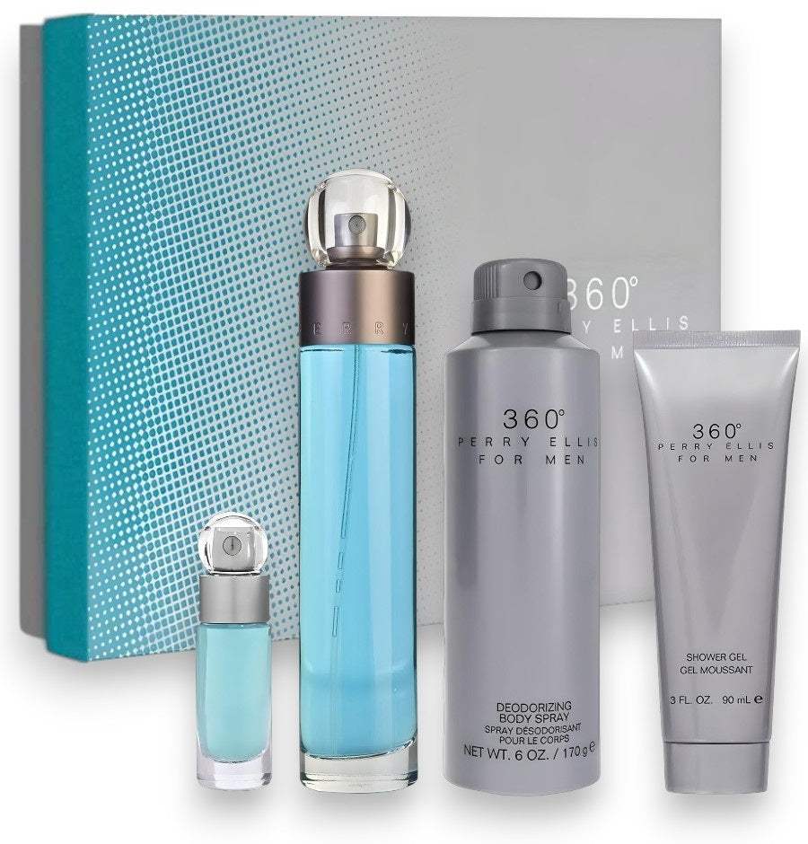 360 by Perry Ellis for Men - 4 Pc Gift Set 3.4oz EDT Spray, 6oz Deodorizing Body Spray, 3.0oz Shower Gel, 0.25oz EDT Spray