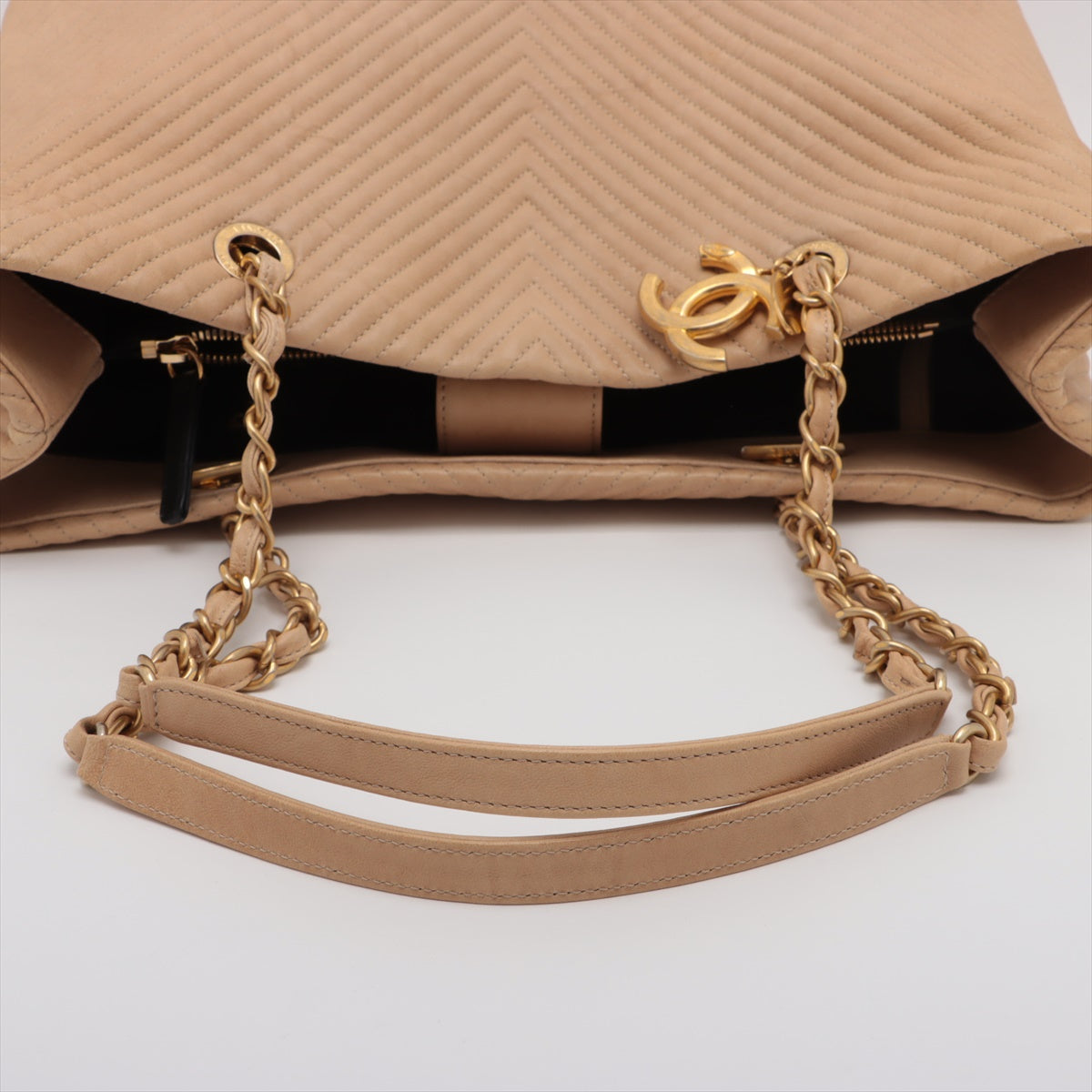 Chanel Chevron Leather Chain Tote Bag Beige