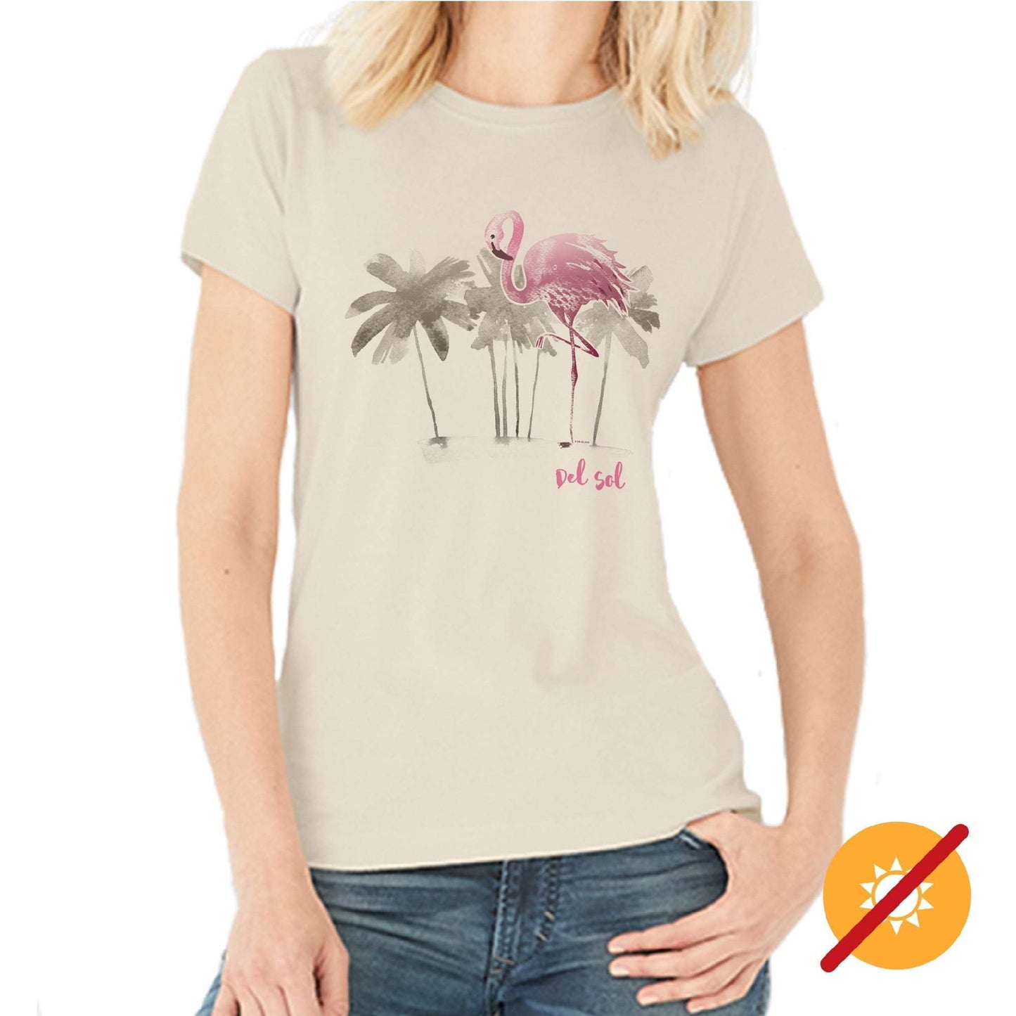 Women Crew Tee - Watercolor Flamingo - Beige by DelSol for Women - 1 Pc T-Shirt (Medium)
