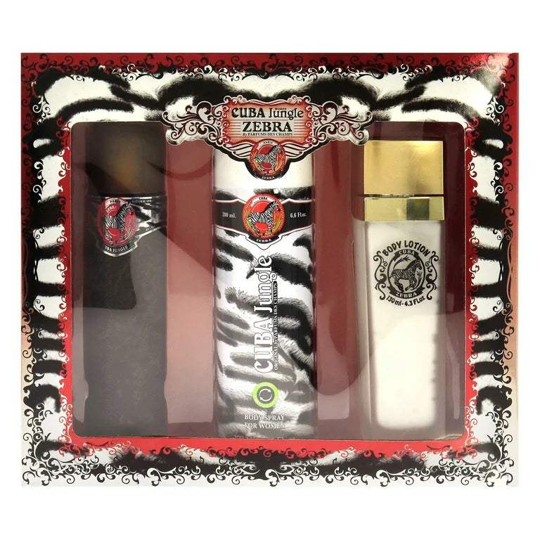 Cuba Jungle Zebra by Cuba for Women - 3 Pc Gift Set 3.3oz EDP Spray, 6.7oz Deodorant Body Spray, 4.3oz Body Lotion