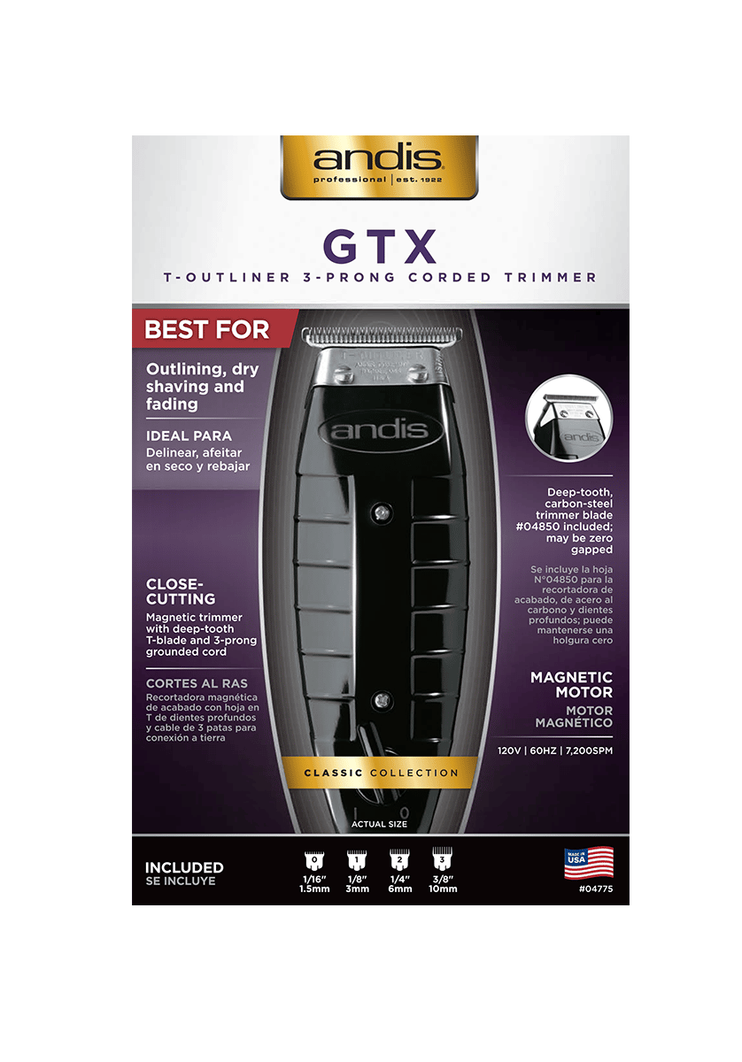 Andis 04775 Professional GTX T-Outliner Beard & Hair Trimmer for unisex-adult with Carbon Steel T-Blade, Bump Free Technology – Black