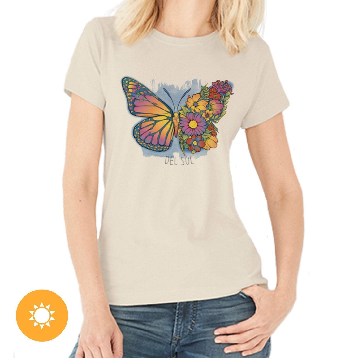 Women Crew Tee - Butterfly Floral - Beige by DelSol for Women - 1 Pc T-Shirt (2XL)