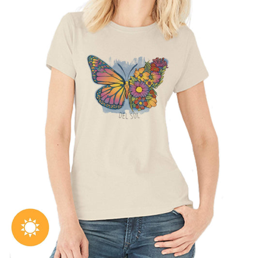 Women Crew Tee - Butterfly Floral - Beige by DelSol for Women - 1 Pc T-Shirt (Small)