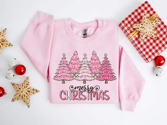 Pink Tree Christmas Sweater, Christmas Sweater, Christmas Crewneck, Christmas Tree 100% Cotton T-shirt High Quality