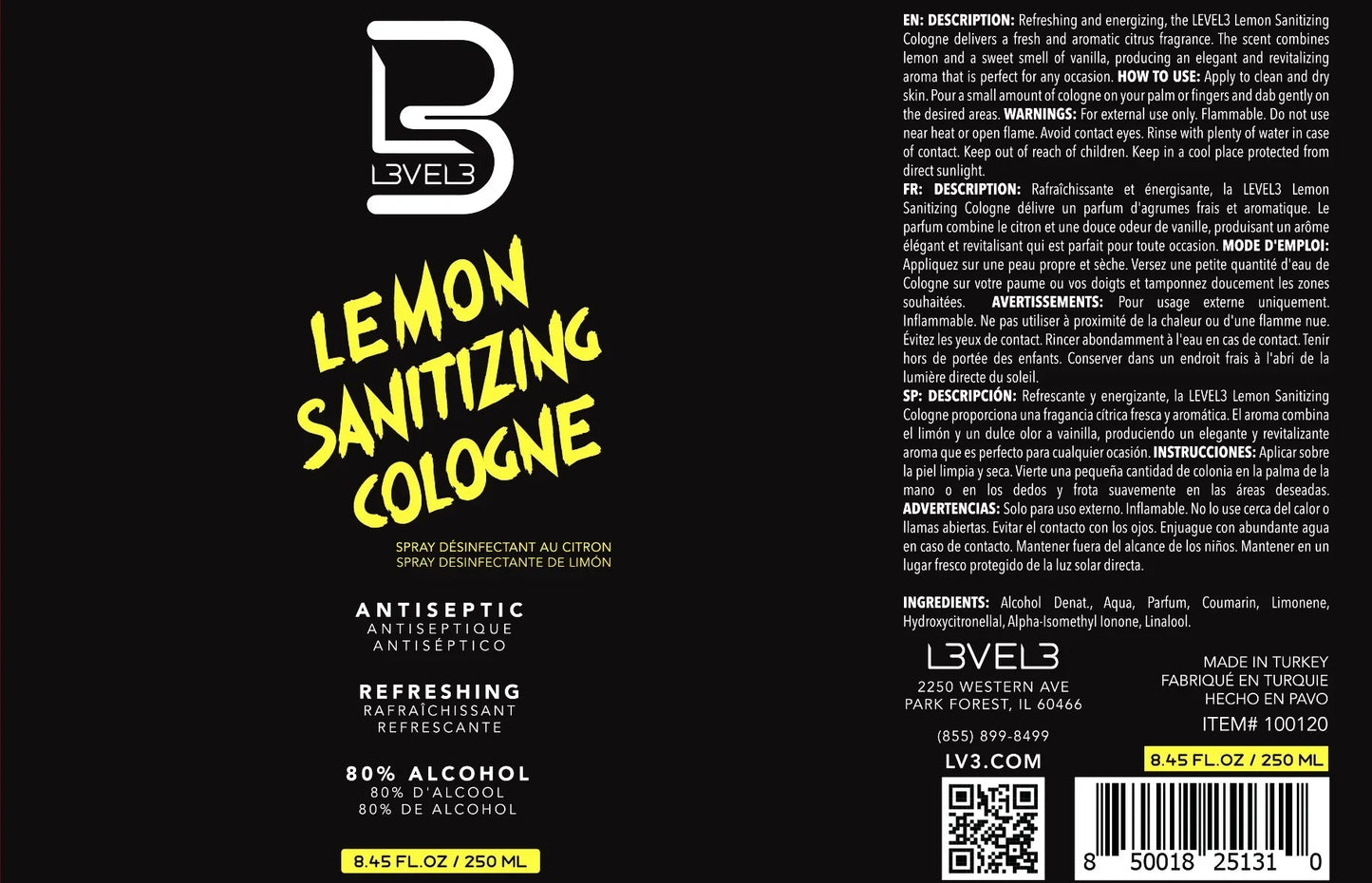 L3VEL3 Lemon Sanitizing Cologne 250ml / 8.45 oz