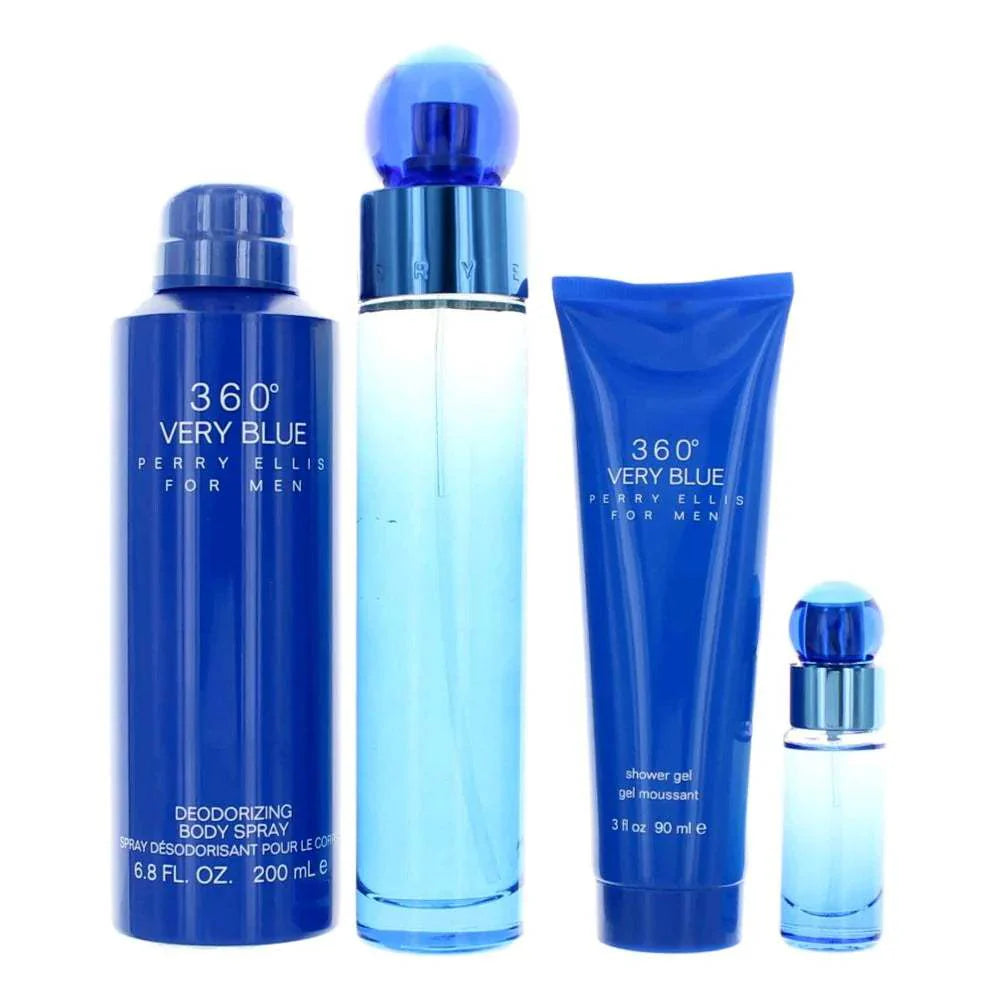 360 Very Blue by Perry Ellis for Men - 4 Pc Gift Set 3.4oz EDT Spray, 7.5ml EDT Spray, 6.8oz Body Spray, 3oz Shower Gel