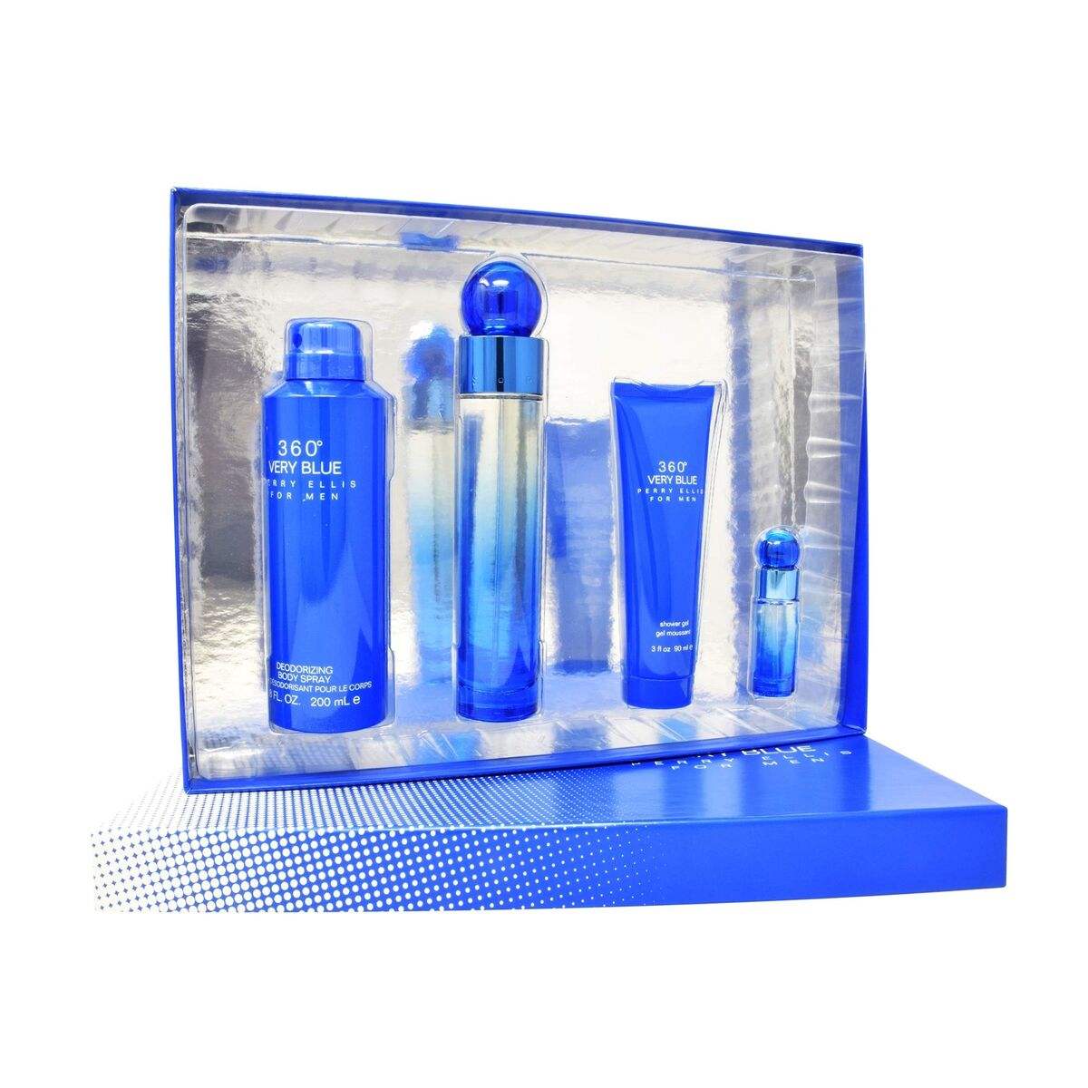 360 Very Blue by Perry Ellis for Men - 4 Pc Gift Set 3.4oz EDT Spray, 7.5ml EDT Spray, 6.8oz Body Spray, 3oz Shower Gel