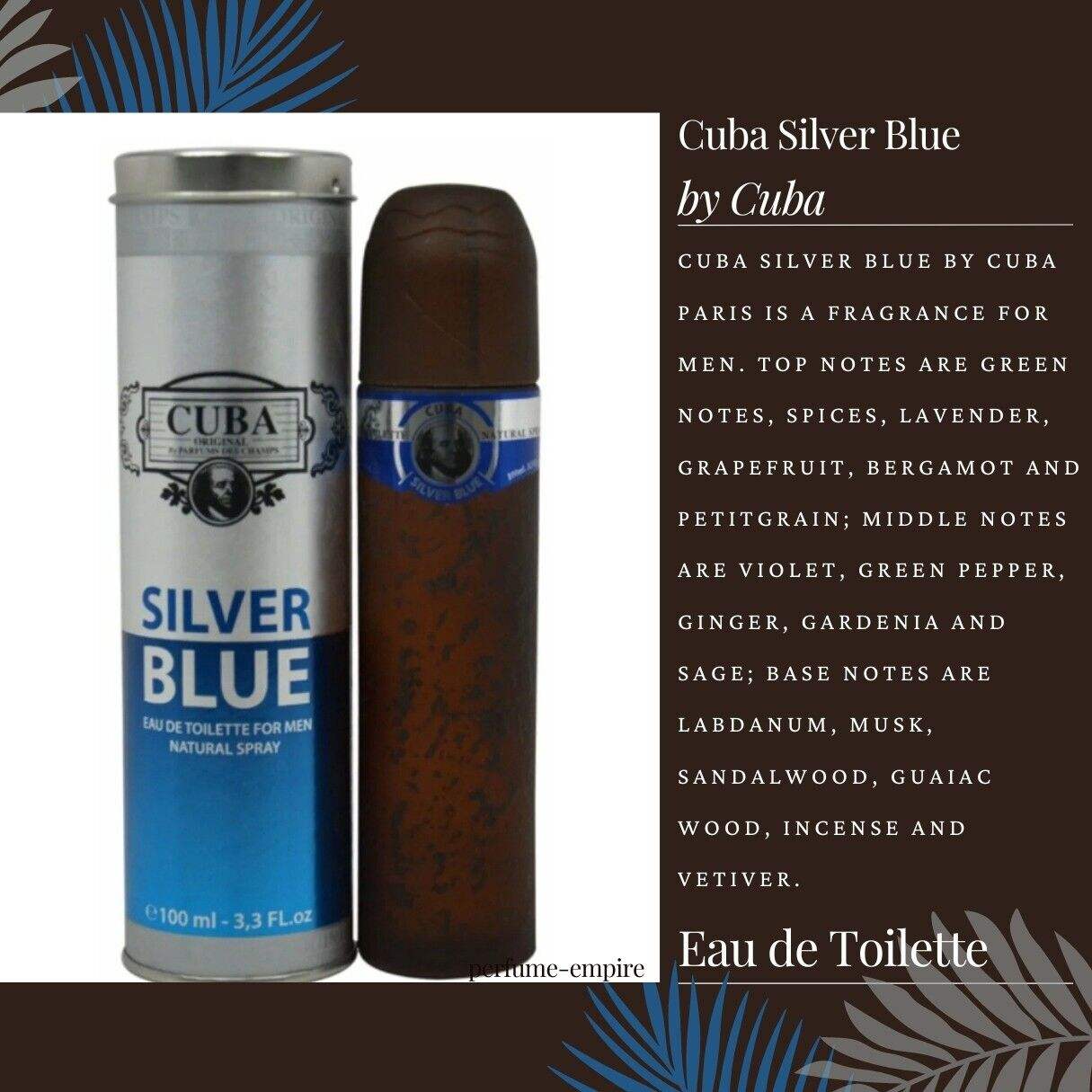 Cuba Silver Blue by Cuba for Men - 3.3 oz EDT Spray