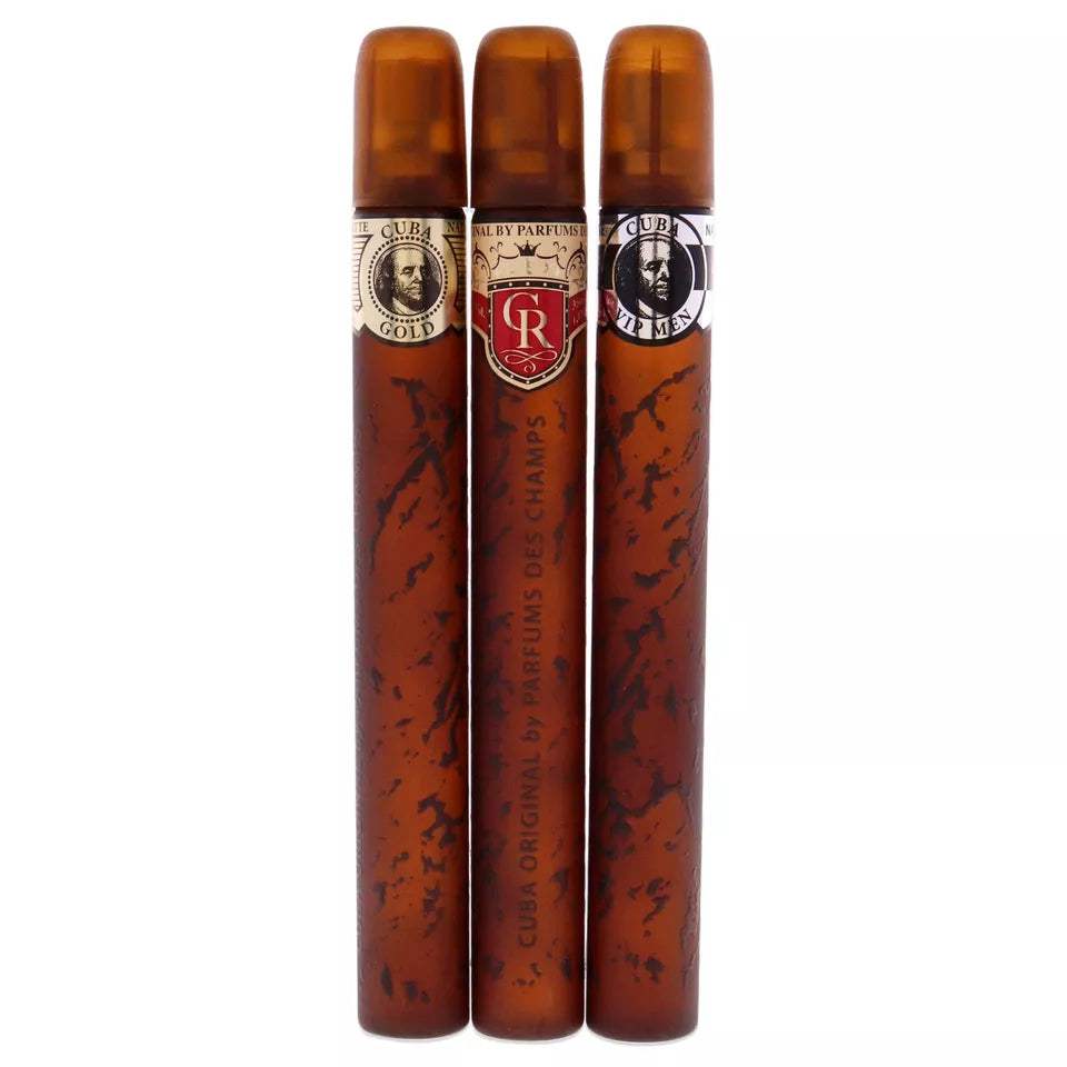 Cuba Trio 1 by Cuba for Men - 3 Pc Gift Set 1.17oz Cuba Gold EDT Spray, 1.17oz Cuba Royal EDT Spray, 1.17oz Cuba VIP EDT Spray