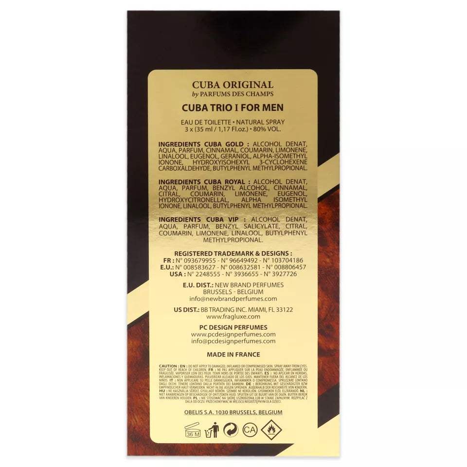 Cuba Trio 1 by Cuba for Men - 3 Pc Gift Set 1.17oz Cuba Gold EDT Spray, 1.17oz Cuba Royal EDT Spray, 1.17oz Cuba VIP EDT Spray