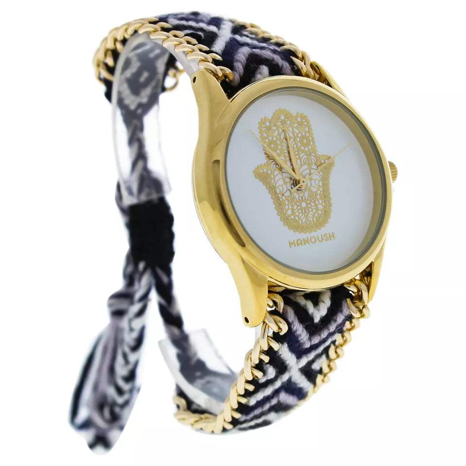 MSHHIWH Hindi Hand - Gold/Black Nylon Strap Watch by Manoush for Women - 1 Pc Watch