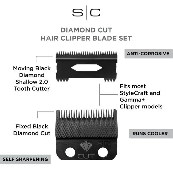 StyleCraft Replacement Diamond Cut Fixed Fade Hair Clipper Blade  with Shallow Tooth 2.0 Moving Cutter Set