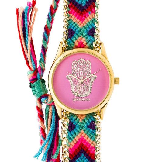 MSHHIPH Hindi Hand - Gold/Pink Nylon Strap Watch by Manoush for Women