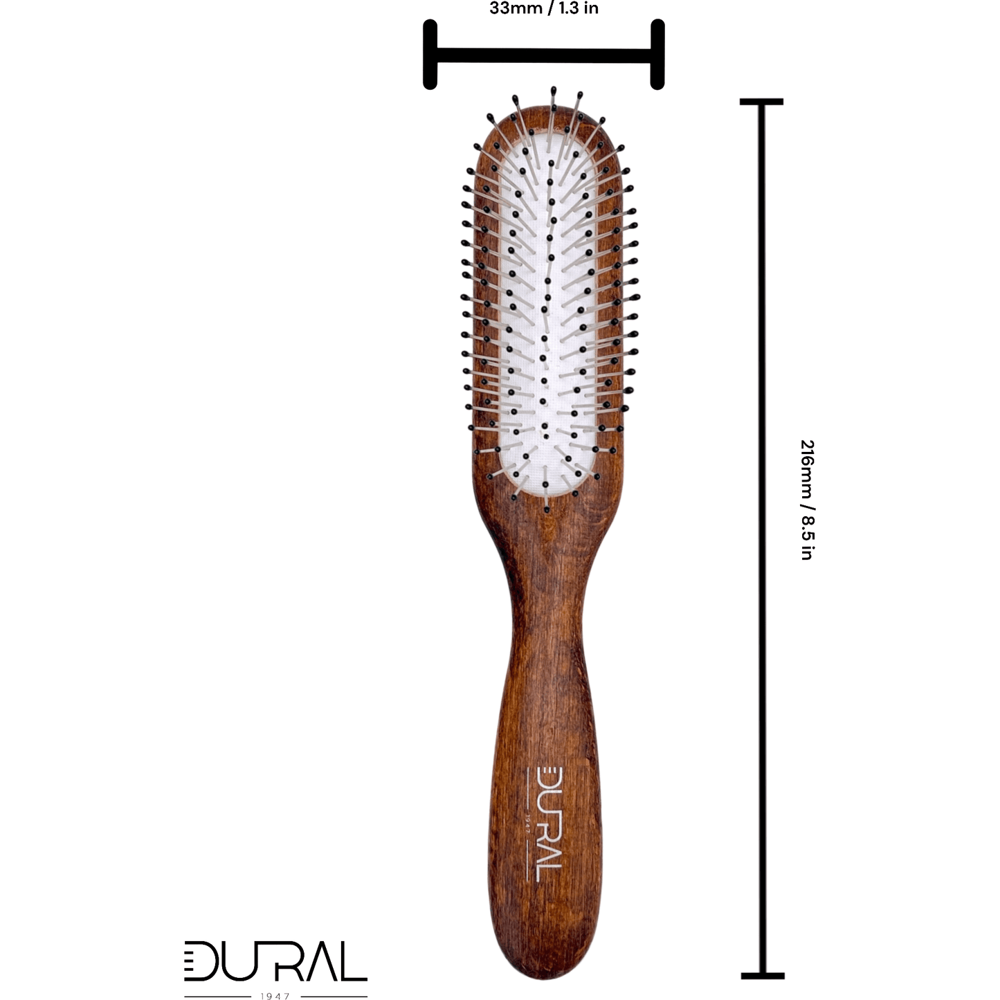 Dural Beech wood rubber cushion hair brush with steel pins and ball tips